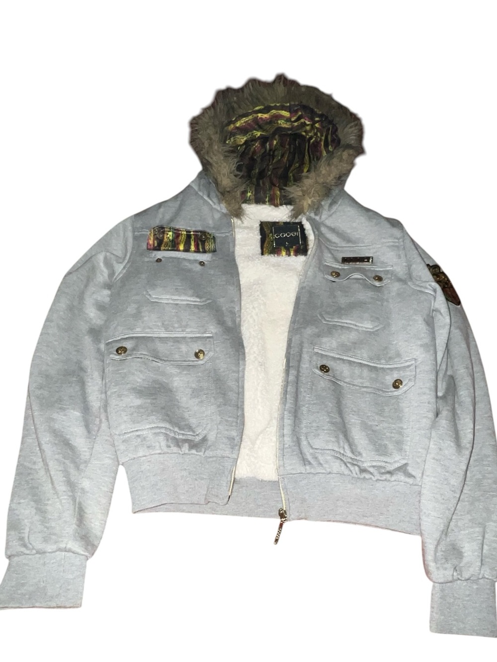 Y2K COOGI Multicolor Striped Sherpa-Lined Jacket with Faux Fur Trim. Size L